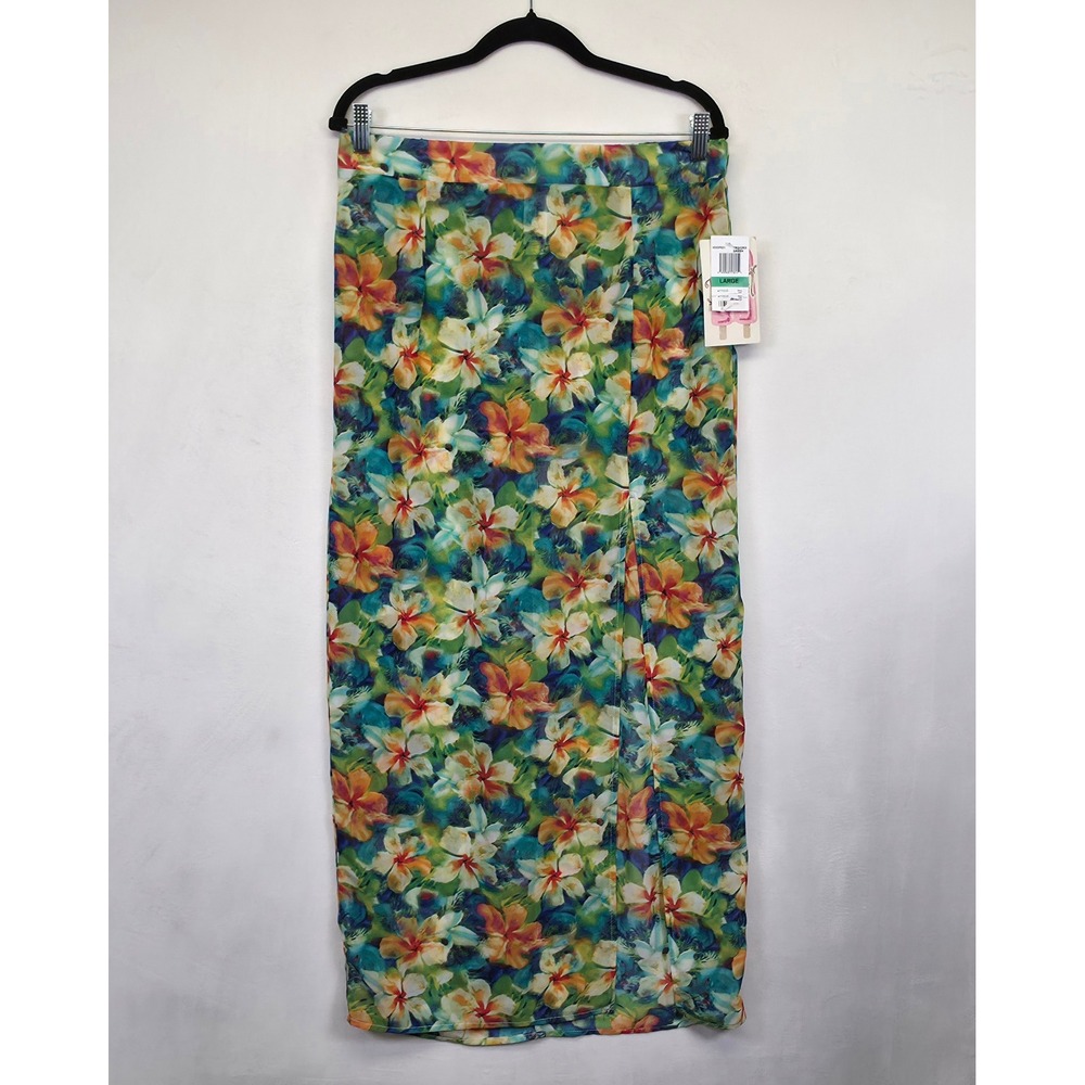 Miken Swim Cover Up Maxi Skirt Womens L Green Orange Floral‎ Hawaiian Resort NEW